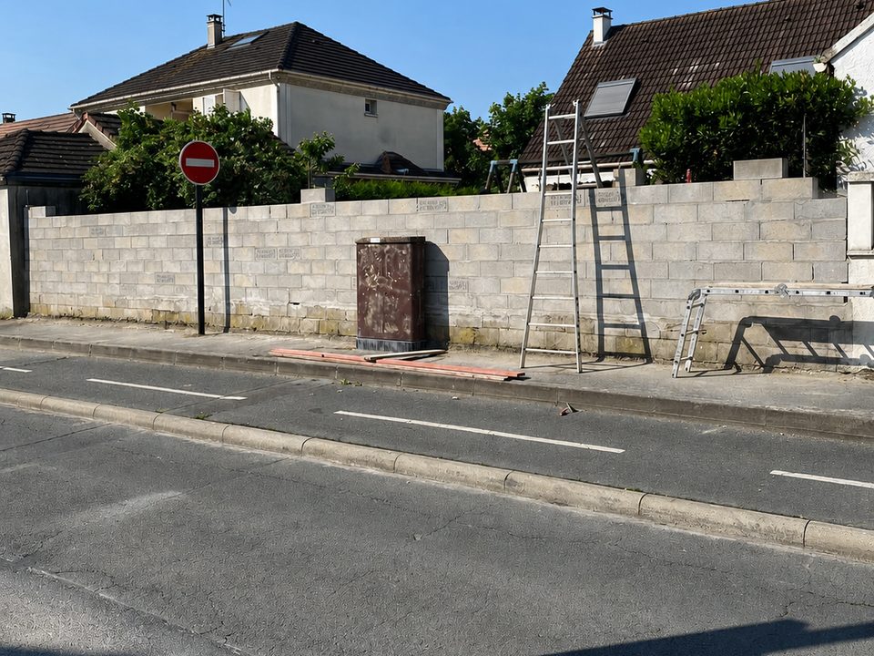 Construction d'un mur en blocs de béton en cours de chantier